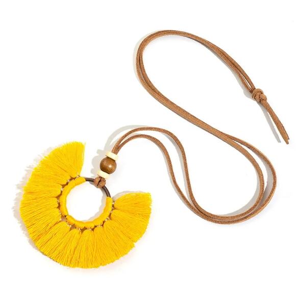 Boho Southwest Half Moon Beachy Necklace Yellow Tassel Half Circle Best Seller - Picture 1 of 2